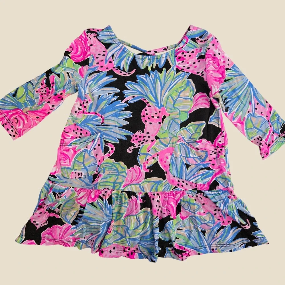Lilly Pulitzer Girls Dress Pink Blue Tropical Leopard Print Ruffle Pocket 2T